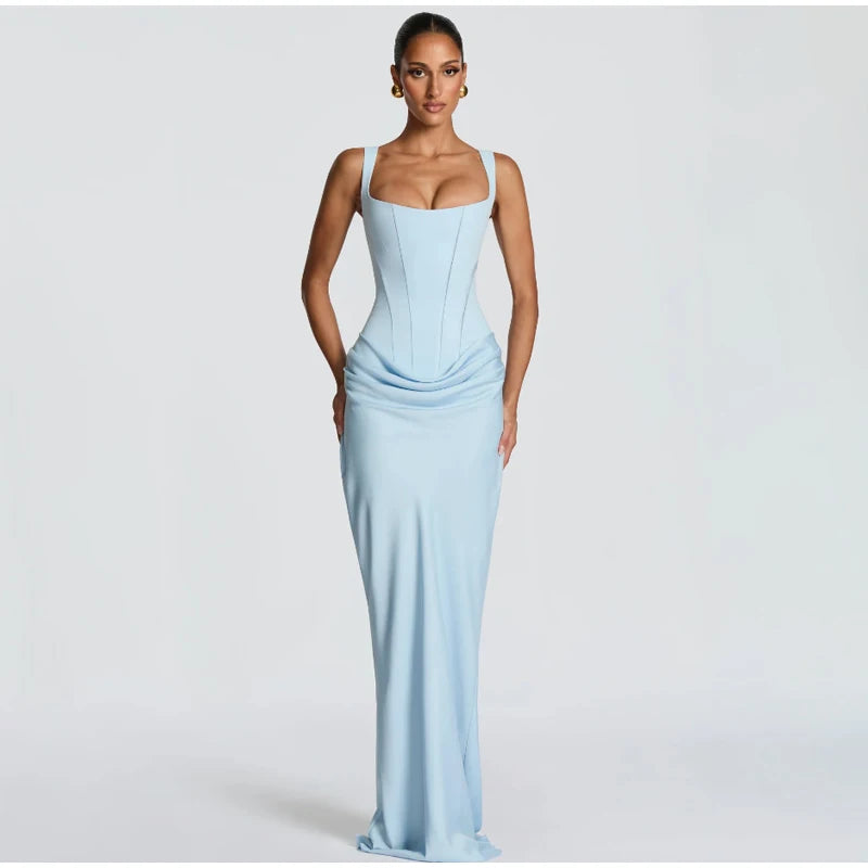 Solid Pleated Sling Dress Women Square Neck Sleeveless Backless Waist Cinching Bodycon Dresses Lady Summer Evening Party Gowns