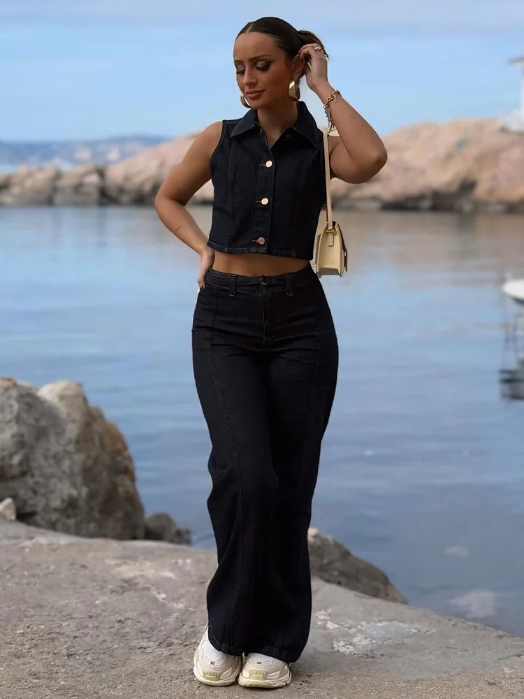 HH Women Turn-down Collar Single-breasted Sleeveless Denim Vest Top+High Waist Pocket Zipper Belt Flared Jeans 2 Piece Set
