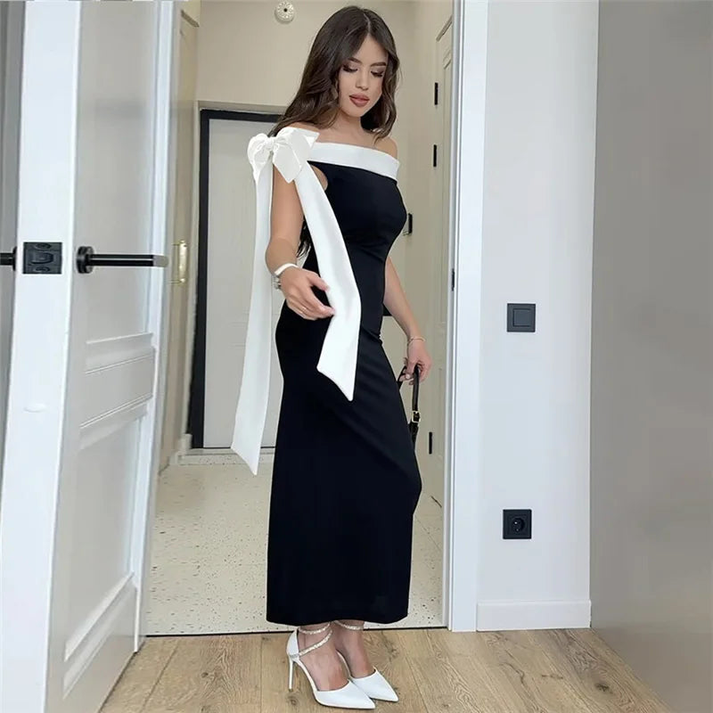 Tuularose Summer Bandage Long Dress Women's Elegant One Shoulder Bow Tie Slim Evening Dress Sexy Patchwork Party Dress Y2k 2025