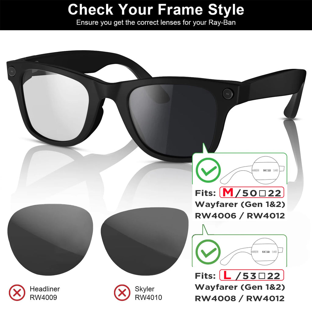 Photochromic & Polarized Replacement Lenses For Ray-Ban Meta Wayfarer RW4006 / RW4008 / RW4012 Gen1/2 AI Smart Glasses Lens