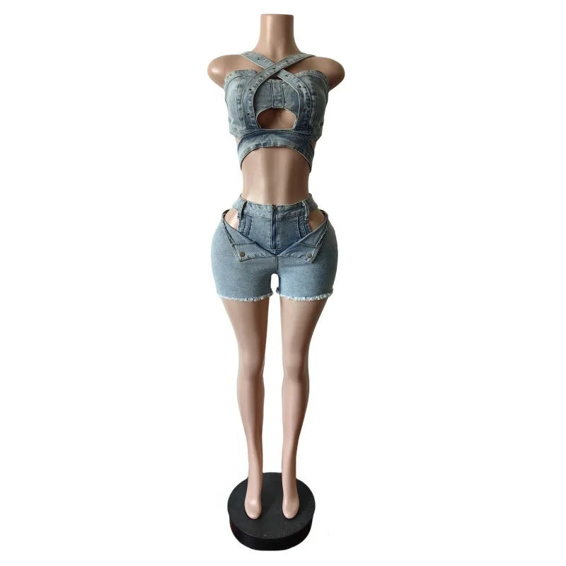 Streetwear Denim Two Piece Set Women Festival Outfit Y2K Hollow Out Strap Strapless Crop Top and Shorts Club Party Matching Sets
