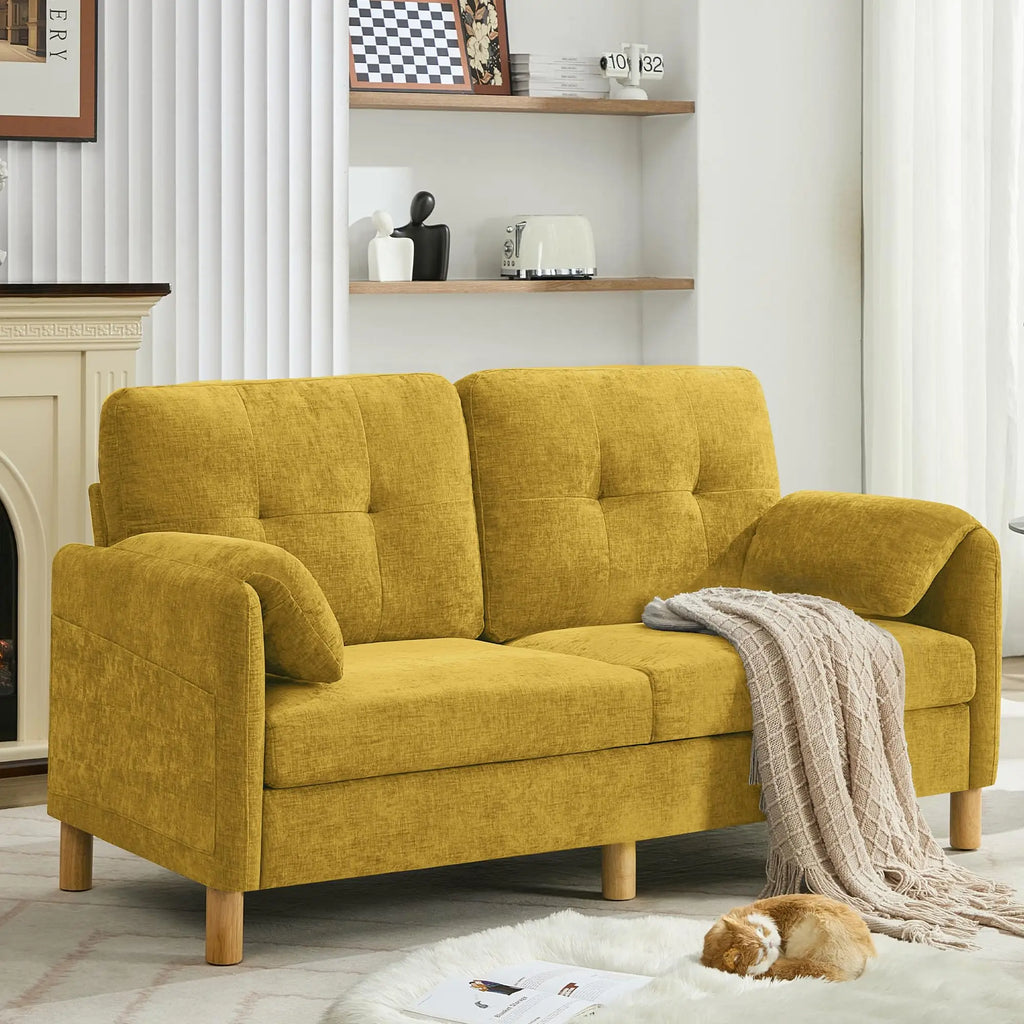 65 Inch Beige Chenille Mid Century Modern Loveseat Sofa with Padded Arms and Storage Pockets for Living Room