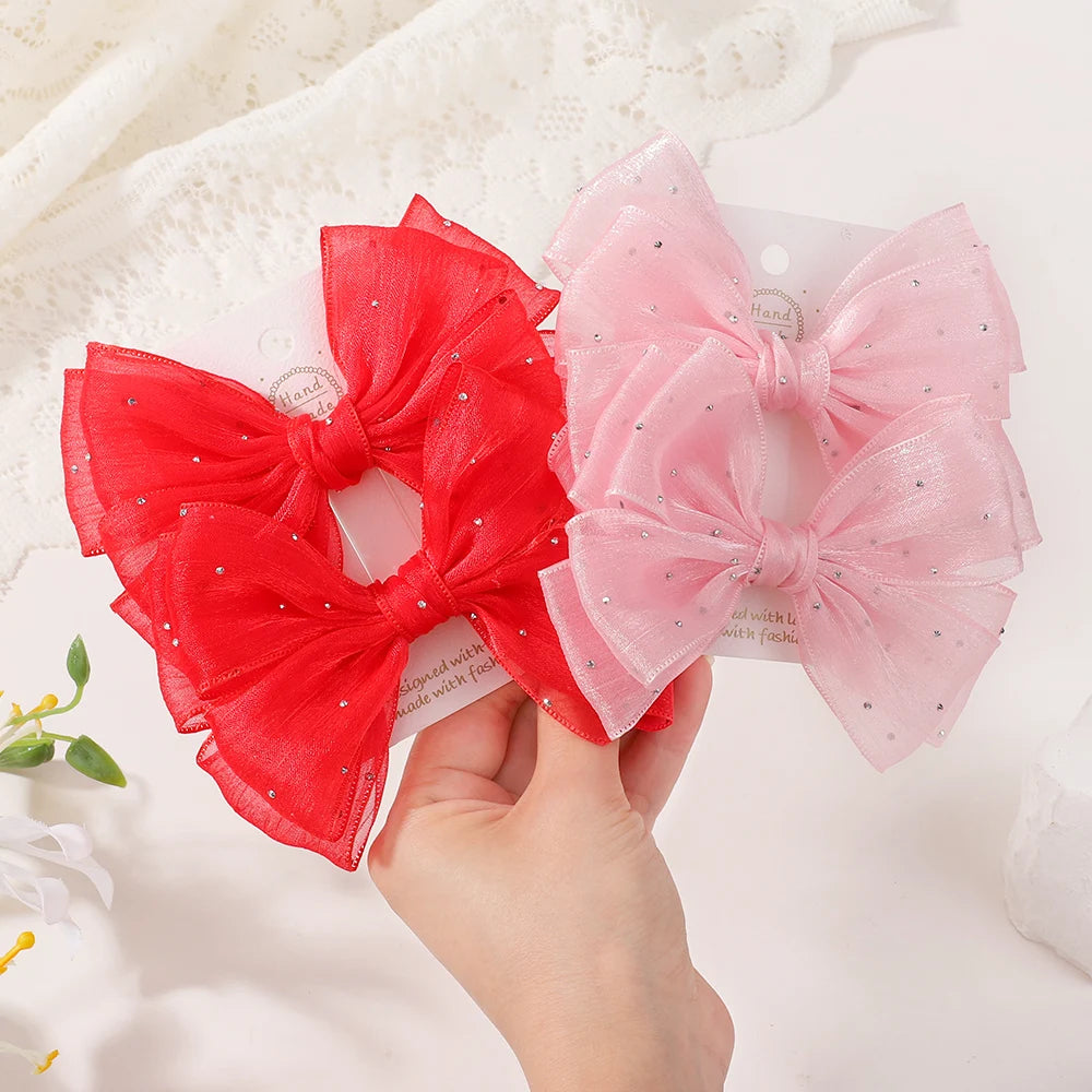 2Pcs Exquisite Princess Bow Hair Clip Set 4.72 Inches Diamond Sets Bow Children's Hairgripes Ladies' Sweet Ponytail Hair Clip