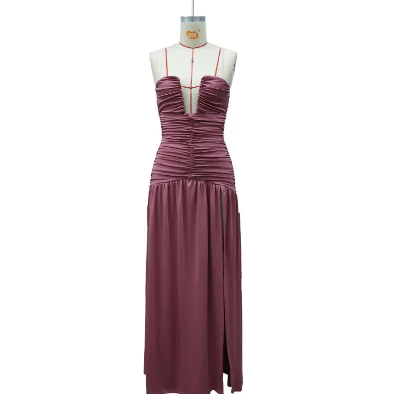 Solid Color Sexy Strapless High Slit Pleated Slim Fit Dress for Birthday Party Dinner Party Graduation Party Dress