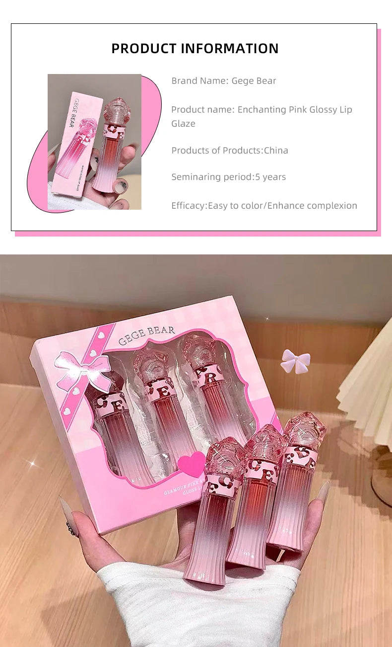Gege Bear Water Light Lip Llaze Set Mirror Lipstick Lip Gloss, Hydrating Moisturizing, Long Lasting, Gift for Lover