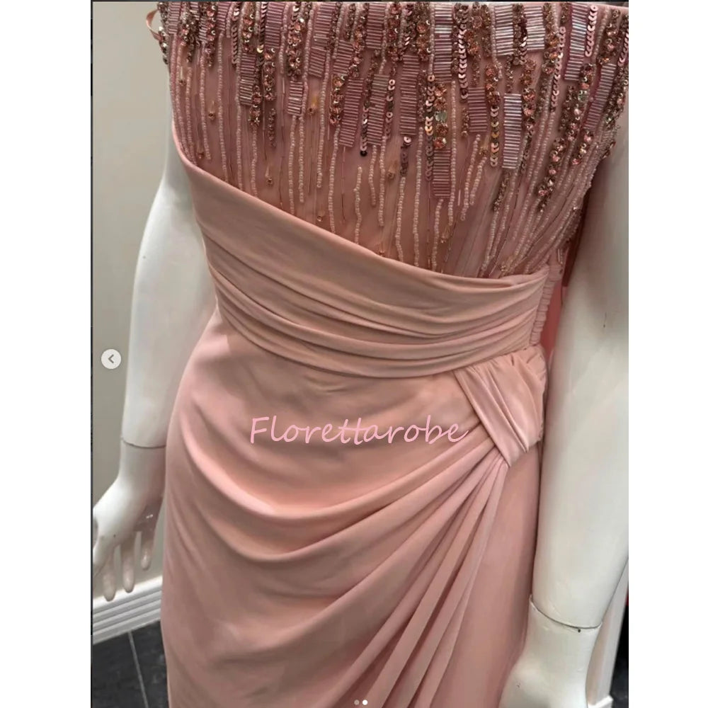 Pink Chiffon  Arabia Evening Dresses Luxury Strapless Beaded Sequins Party Dress Mermaid Long Formal Prom Dress Customized