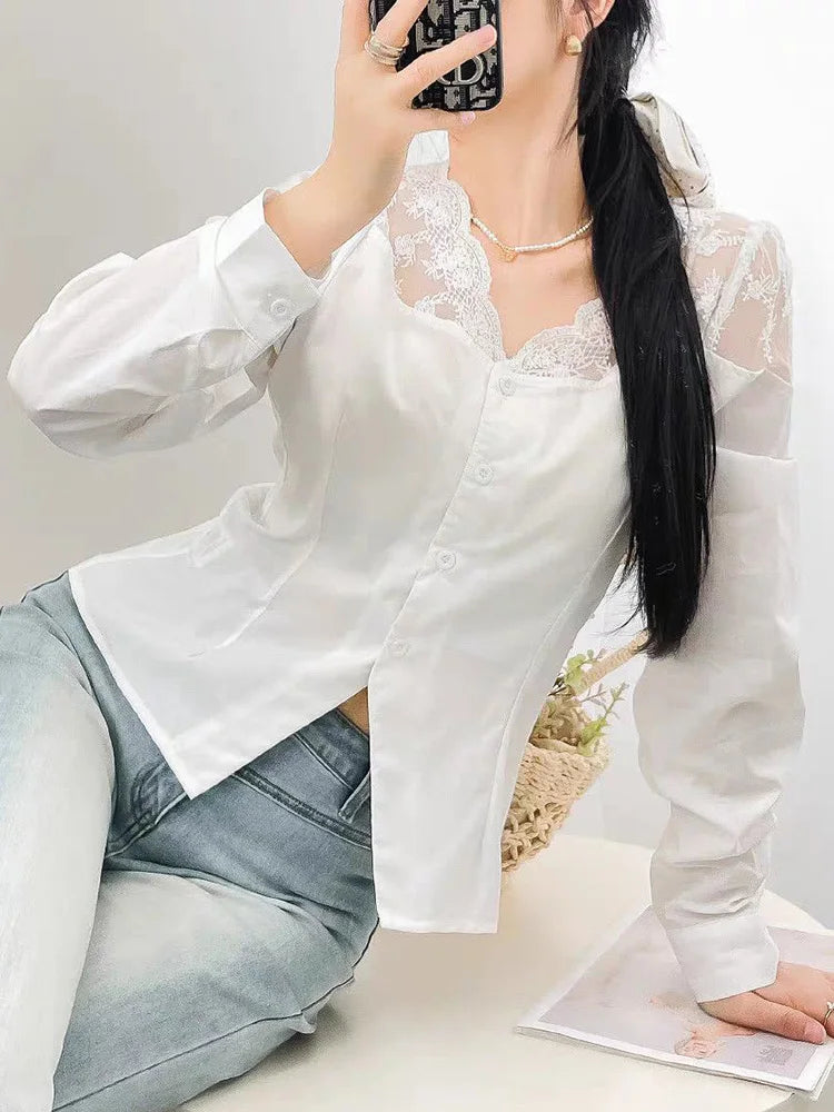 Elegant V Neck White Shirt Women Sexy Slim Long Sleeve Lace Patchwork Blouse Korean Fashion Female All Match Sweet Spring Tops