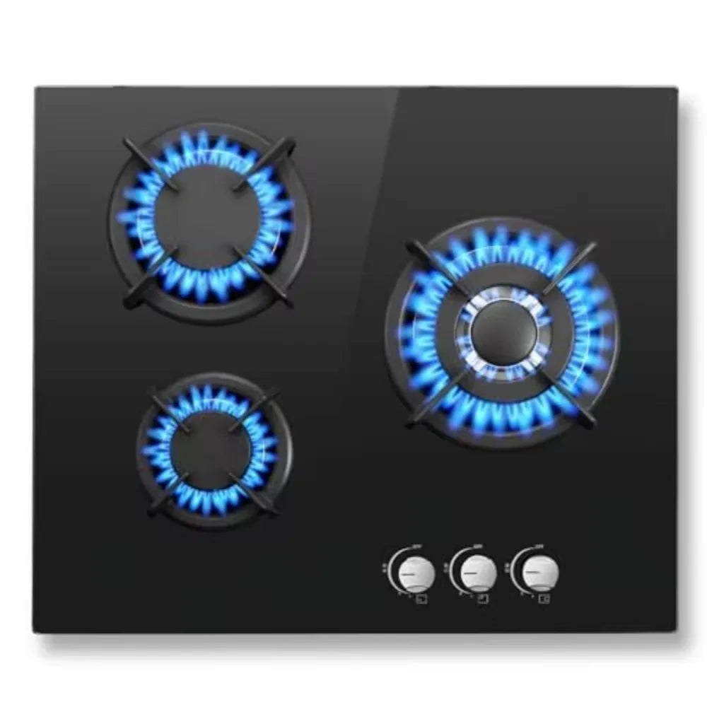 3 Burner Built-in Gas Hob 60cm Black Tempered Glass LPG Gas Cooktop with Timer Knob Control Kitchen Stove