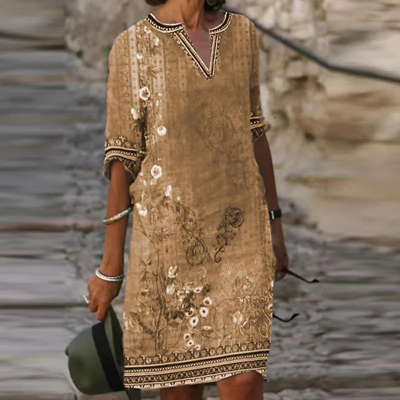 Fashion Retro Printing Women Dress Sexy V-Neck Short Sleeve Loose Beach Homewear Dress Summer Casual Comfy Female Model Dress