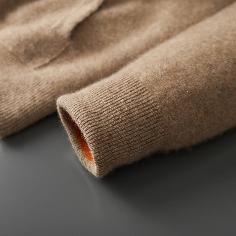 New Men's 100% Merino Wool Double Sided Wearable Hooded Sweater Casual Autumn Winter Coat Long Sleeved Men's Wool Sweater Tops