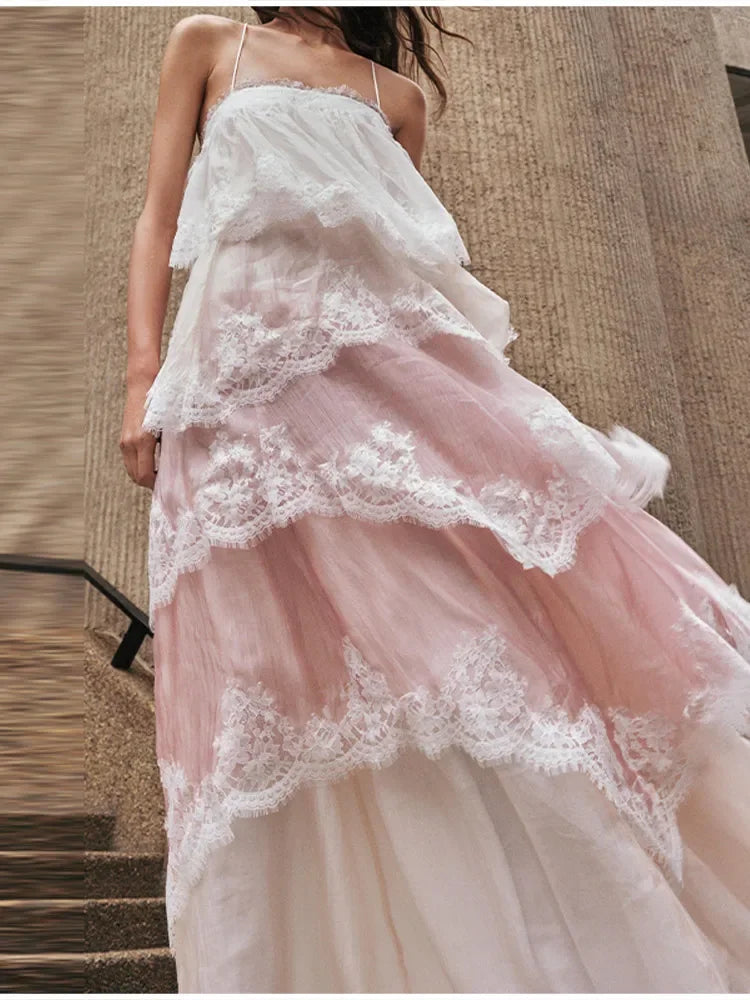 Romantic White Pink Tiered Lace Maxi Dress Spaghetti Straps Cross Back Tie Closure Flowy Skirt Women Date Party Vacation Outfit