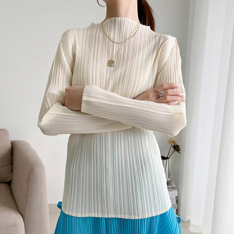 Miyake Pleated Long Sleeves Tops Fall 2025 Winter Korean Fashion Women Classic Solid Color Turtleneck Casual Elegant T-shirt