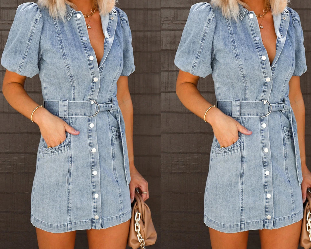 Y2k Denim Dress Women Mini Dresses Short Sleeve Turn Down Collar Single Breasted Belt Casual Elegant Party Jeans Vestidos 2024