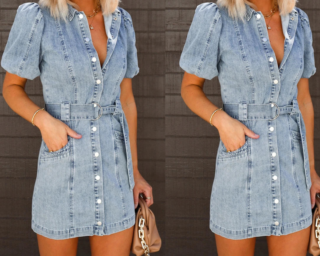 Y2k Denim Dress Women Mini Dresses Short Sleeve Turn Down Collar Single Breasted Belt Casual Elegant Party Jeans Vestidos 2024