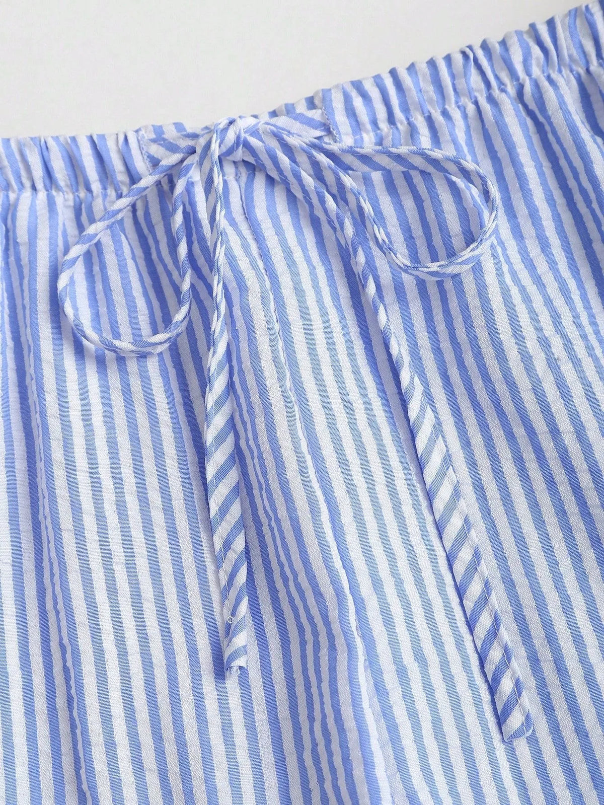 Spring/Summer Solid-Color Striped Set: Casual Tank Top, Tie-Front Tank Top, and Loose-Fit Tie-Front Solid-Color Pants