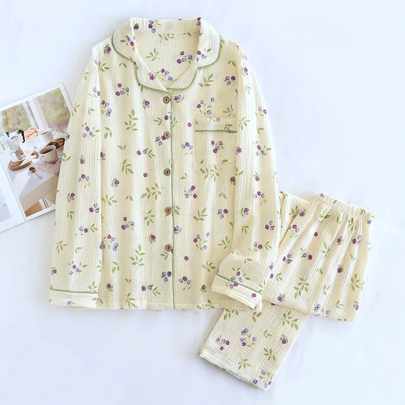 2026 Spring and Autumn Women's Pajama Set 100% Cotton Crepe Long sleeved Pants Two piece Cute and Sweet Home Fury Set Ladies