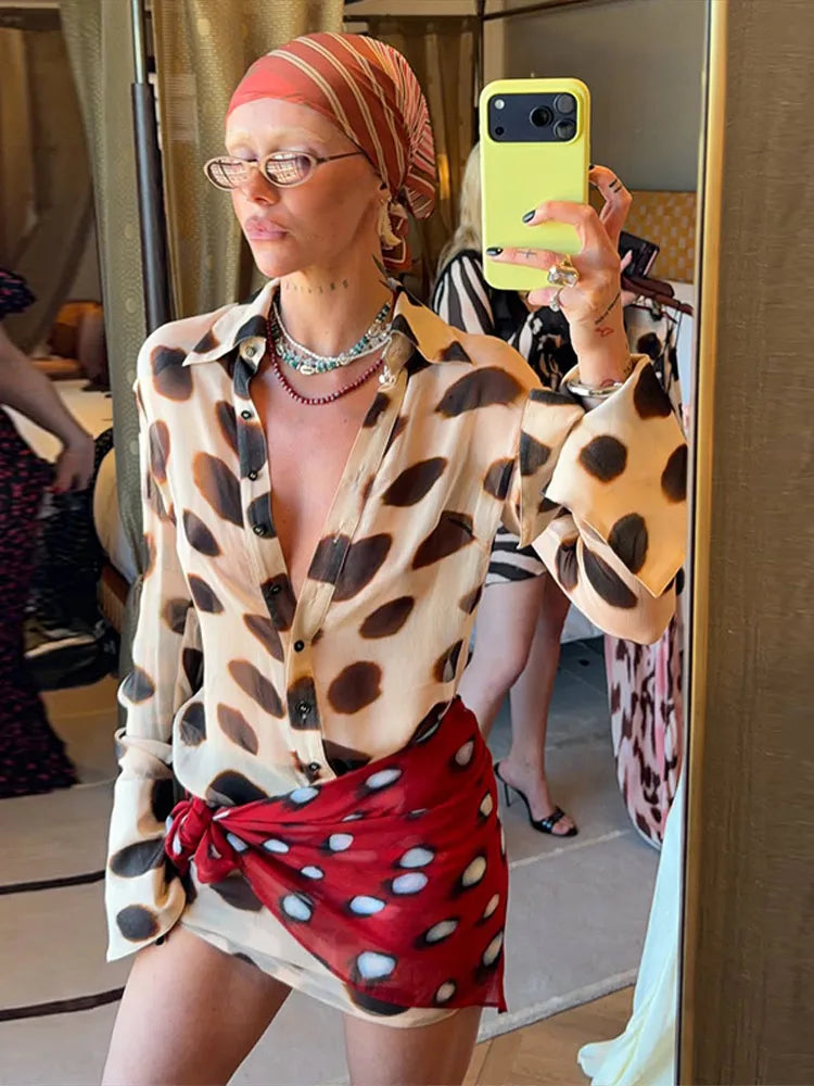 Sexy Printed Shirt-style Women's Dress Full Sleeve Turn-down Collar Button Detachable Scarf Dresses 2026 Summer Chic Female Robe