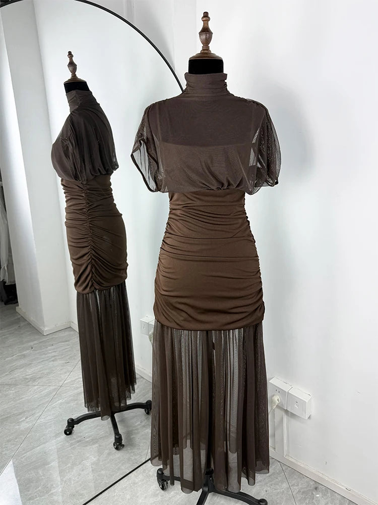 Tossy Black Mesh Fashion Maxi Dress For Women Sleeveless See-Through Patchwork Pleated Party Dress Female Autumn Long Dress 2025