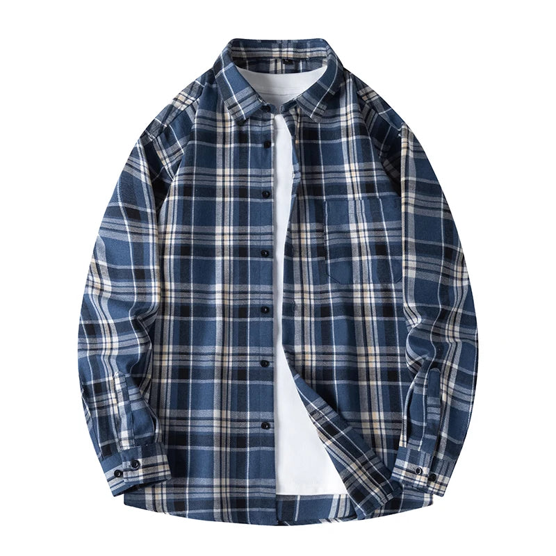 Men Shirt Plaid FlannelLong Sleeve Blue Loose Mens Casual Shirt Oversized Spring Autumn Comfortable Male Soft Dress Shirt