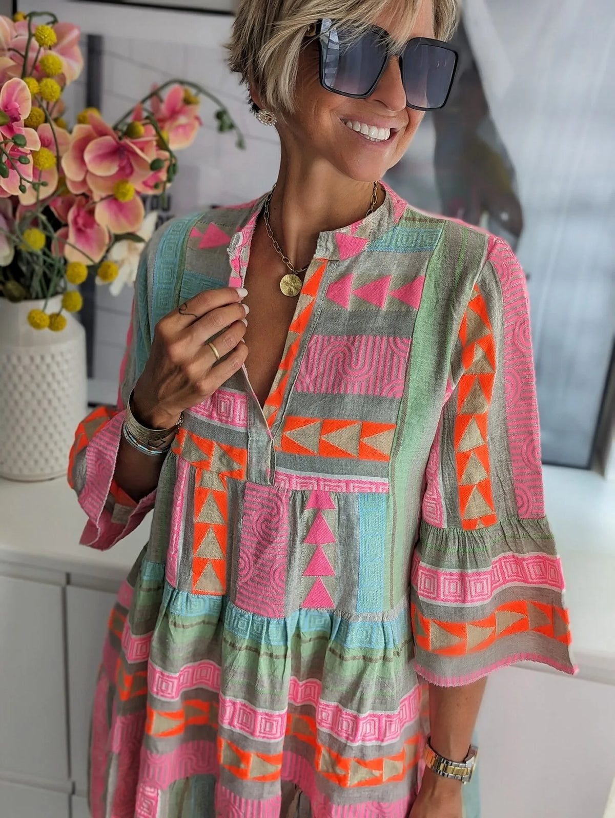Women's Summer Loose Fit V Neck Three Quarter Flare Sleeve Printed Burnout Cotton Linen Pullover Dress for Women with Boho
