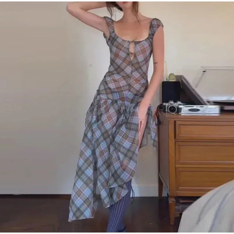 Plaid Off Shoulder Long Dress Women Chic Tie Front Cutout Ruched Asymmetric Hem Sundress 2026 Summer Lady Casual Daily Vestidos