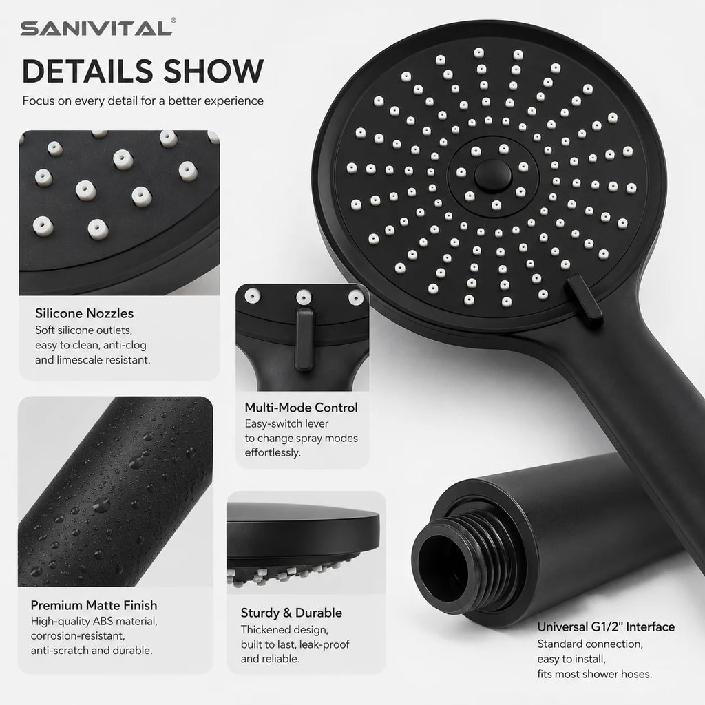 SANIVITAL Matte Black Handheld Shower Head with 5 Spray Modes High Pressure Anti-Clogging Bathroom Sprayer