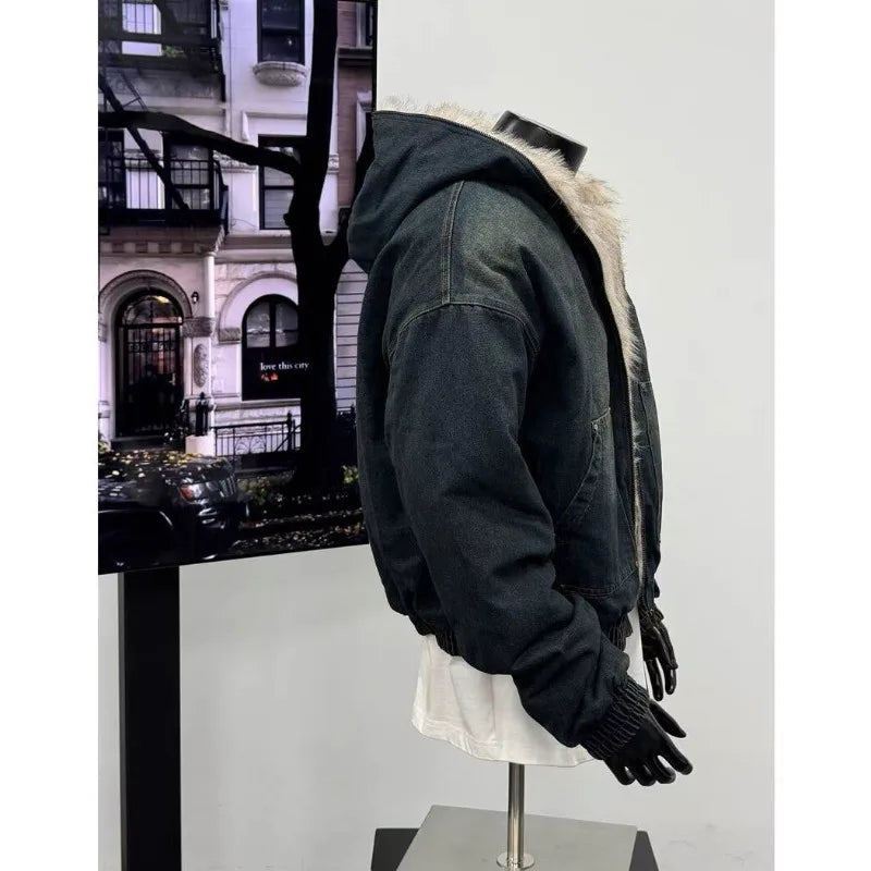 Mens Jacket Harajuku Hooded Denim Cotton Coat Washed Heavy Fleece Thick Fur Collar Vintage Warm Autumn Winter Streetwear Fashion