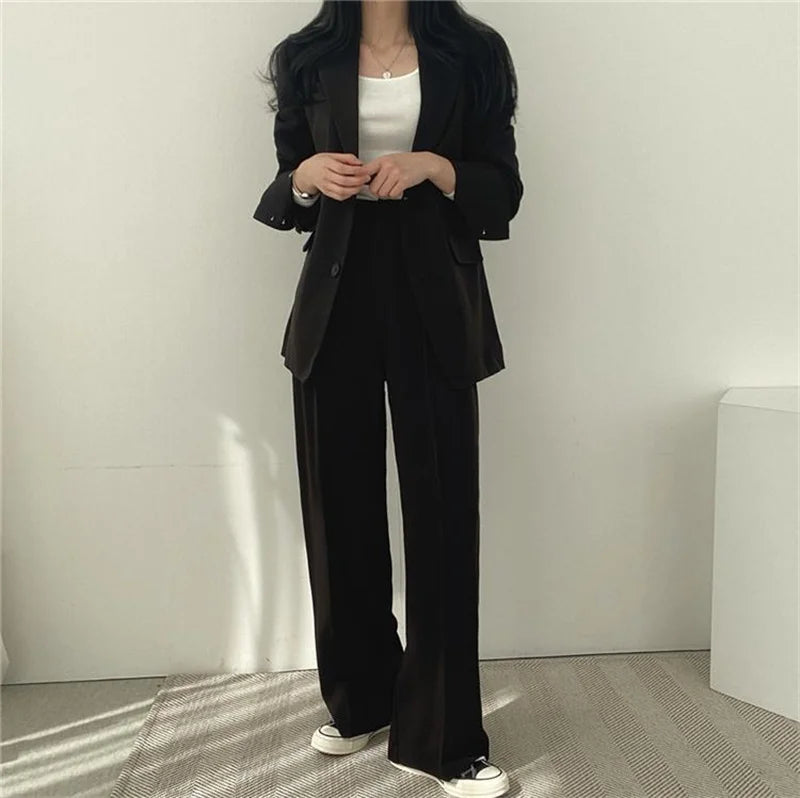2026 Female Solid Color Blazer 2PCS Autumn Women Lapel Tops High Waist Outfit Korean Ladies Long Sleeves Suit Wide Leg Pants
