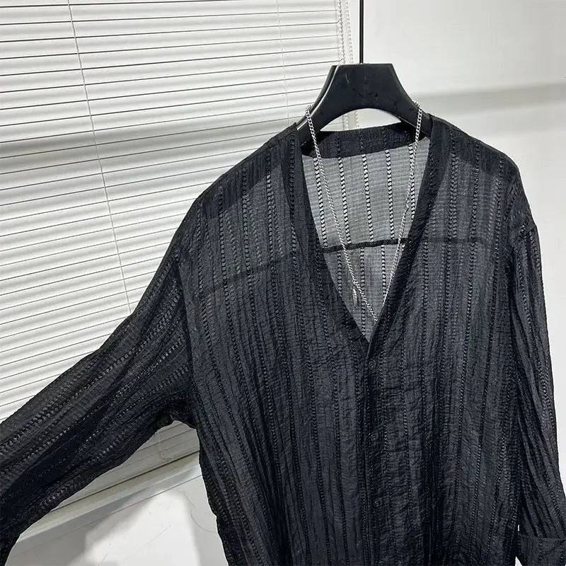 Simple Loose Hollowed-out Draped V-neck Loose Shirt for Men Solid Color Y2K Blouse Fashion Tops Chic Casual Male Clothes