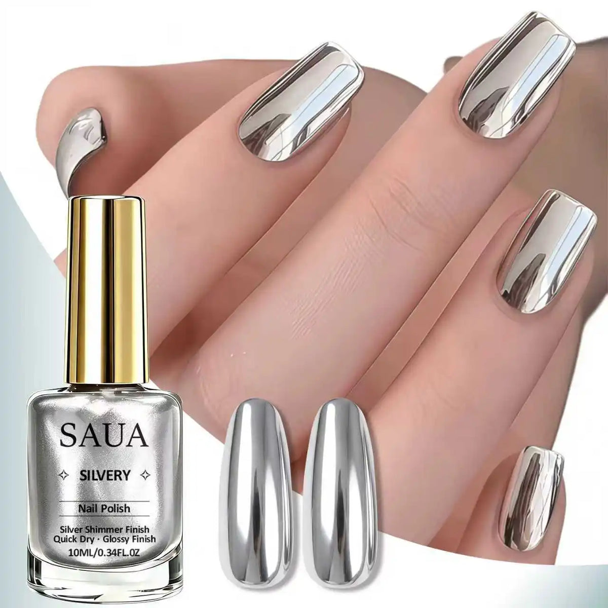 Silver Metallic Nail Polish—Quick-Drying, No UV Lamp Required, Mirror-Like Finish; the Perfect Choice for a Holiday Gift.