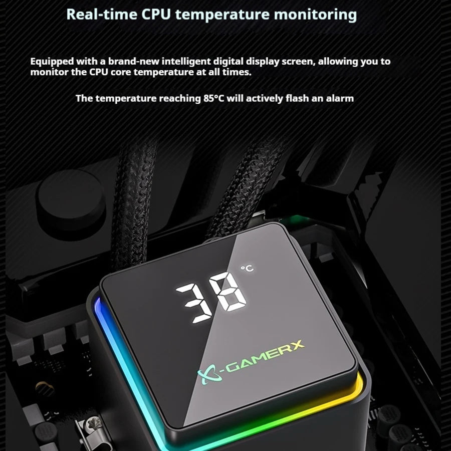 PowerTrain X-GAMERX M240 Water Cooler 240mm Global ARGB Light Effects 12V 360° Magnetic Cover Digital Display Screen 26.9dB