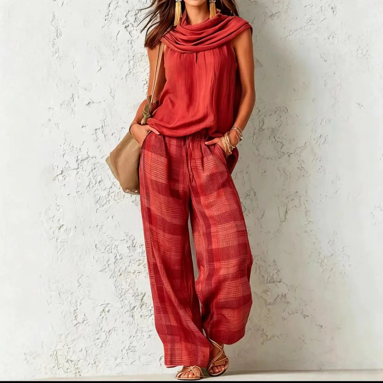 Women’s Casual Pants Set Sleeveless Draped Neck Top and High Waist Plaid Wide Leg Trousers 2 Piece Suit for Office Vacation Club