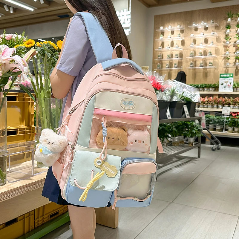 Women's Pastel Color Block Backpack Clear Display Pockets Plush Charm Bow Detail Adjustable Strap Casual Daily Itabag School Bag