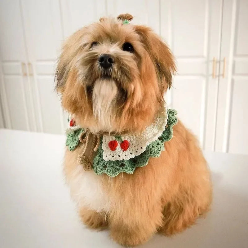 Small Pet Collar Knitted Double-Layer Cherry Cat Necklace Elastic Soft Dog Bibs Pet Scarf Cute Pet Accessories