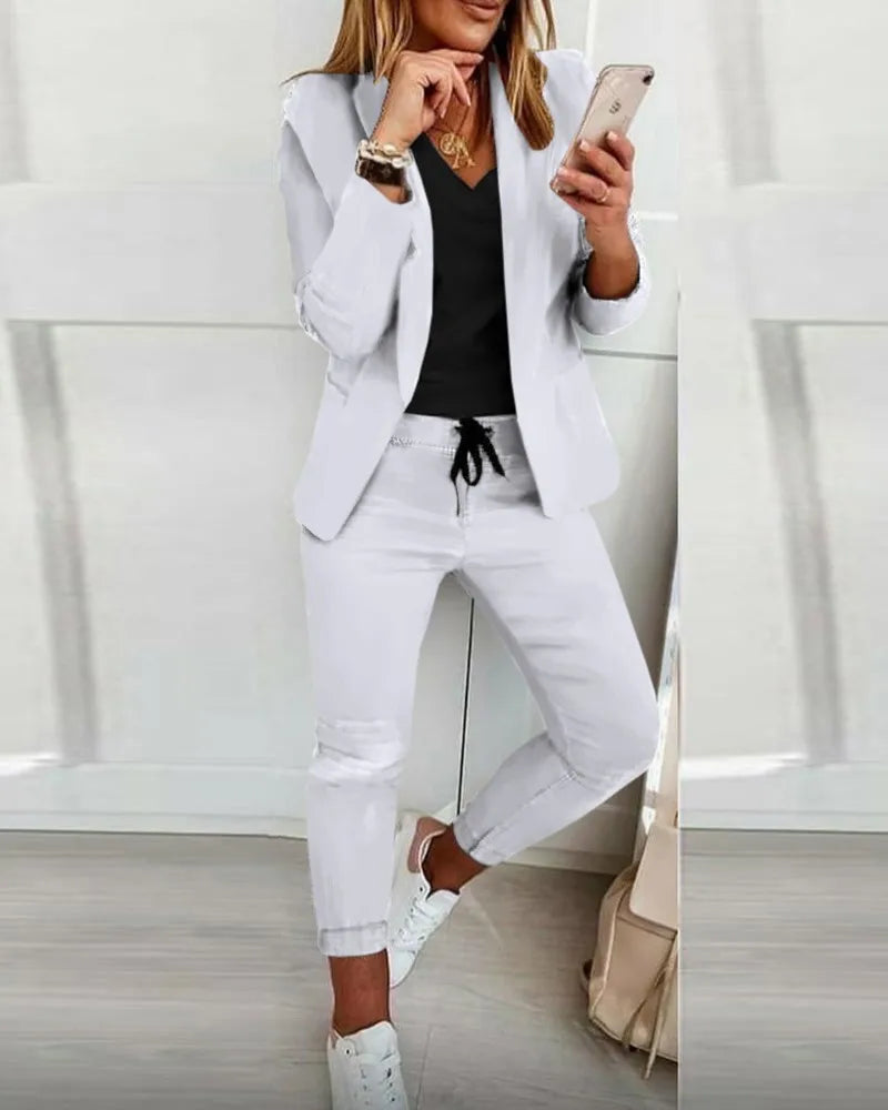 2024 Women's Two Piece Pant Suit Set Outfits Spring Autumn Turn Down Print Blazer Coat Drawstring Pants Suit Women Casual Sets