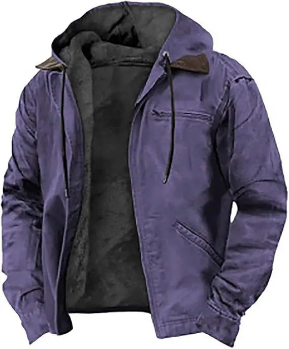 European and American Men's Autumn and Winter Casual Hooded Zipper and Fleece Warm Jacket With Multiple Pockets Outdoor Jacket