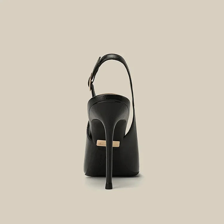 2026 New Slim Heel Flat Buckle Toe Back Empty Sandals with Pointed Soft Leather Toe Strap for Women's Commuting Single Shoes