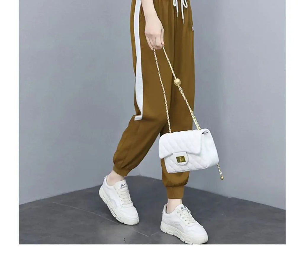 2 Piece Sets Women 2024 Summer Fashion Contrast Color Half Zipper Short Sleeve Tops Casual Pockets Sports Joggers Pants Outfits