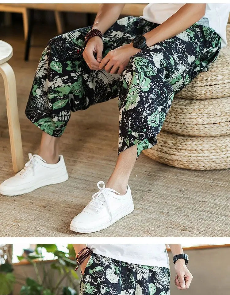 Men's Casual Cotton Linen Seven-Foot Pants Summer plus Size Lantern Loose Fit Shorts Harlan Style Comfortable Breathable Leis...