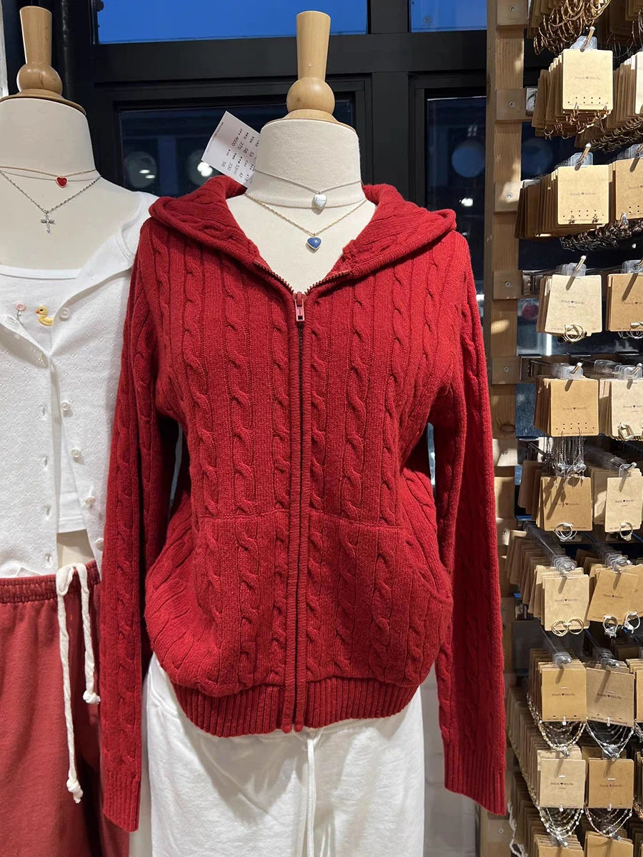 Twisted Flower Knitted Cardigan Sweater Women Autumn Long Sleeve Drawstring Hooded Zipper Streetwear Sweet Sweaters Coat Y2K Top