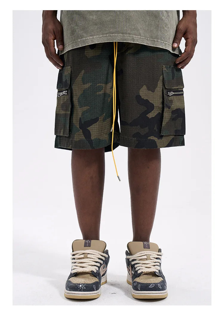 High Street Washing Trend Camouflage Tooling Shorts Men's Retro Casual Loose Summer Drawstring Versatile Trend Five-Point Pants