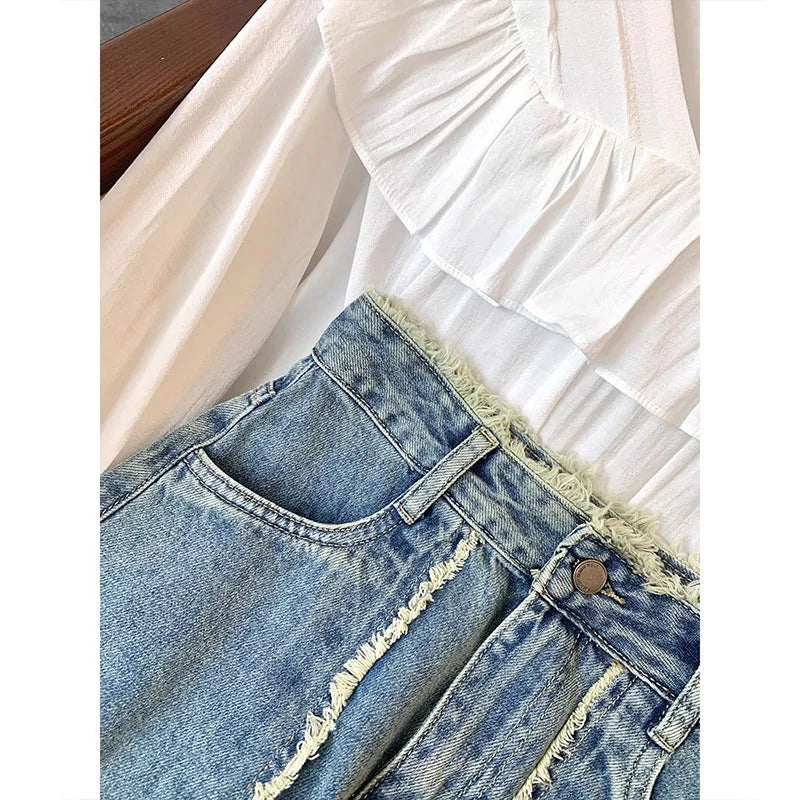Women's Tassel Denim Long Skirts, Vintage Pocket, A-line Jeans Skirt, High Waist, Women's Fashion, Spring, S-5XL