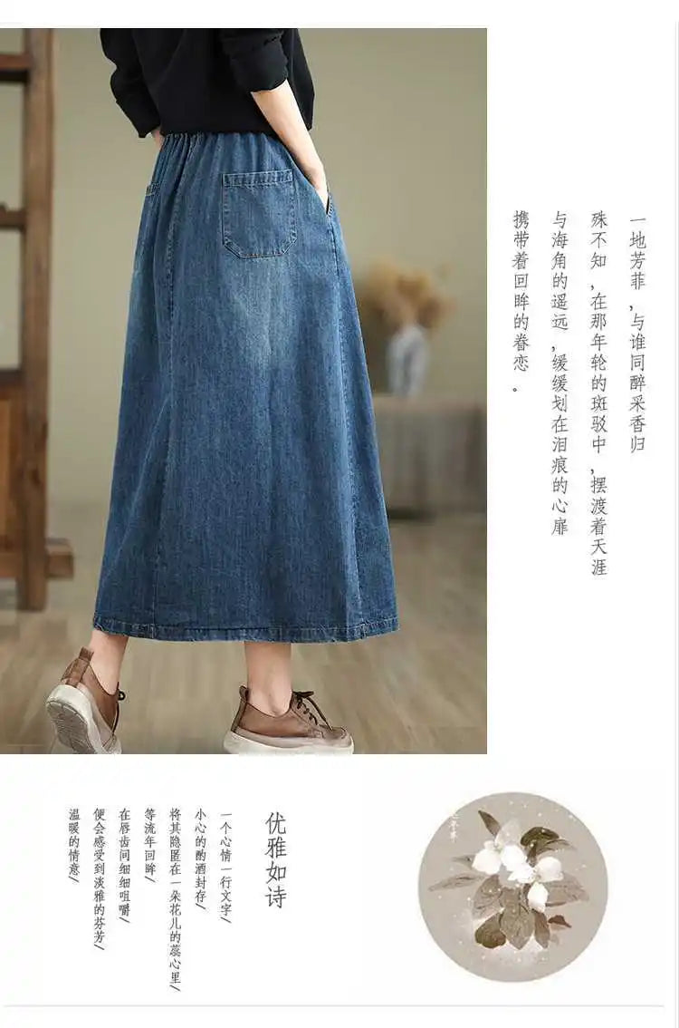 2026 Women's Denim Skirts Retro Cartoon Animal Embroidery Casual Half Skirts Spring Summer High Waist Fashion Loose Midi Skirts