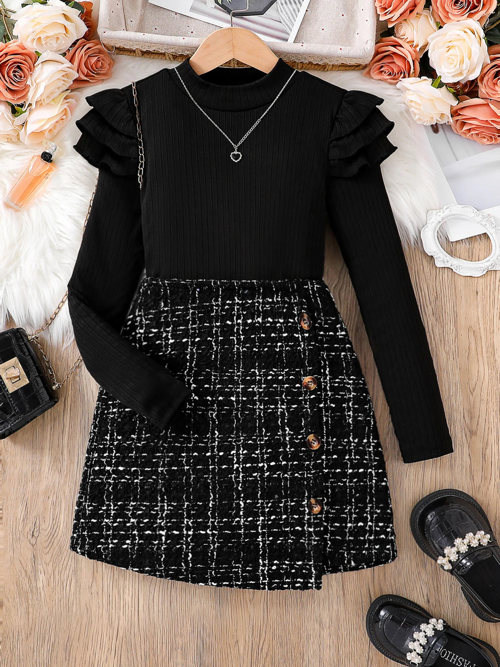 Spring and Autumn children's 2-piece fashion casual clothing white high-neck long-sleeved flying sleeve top + plaid A-line skirt