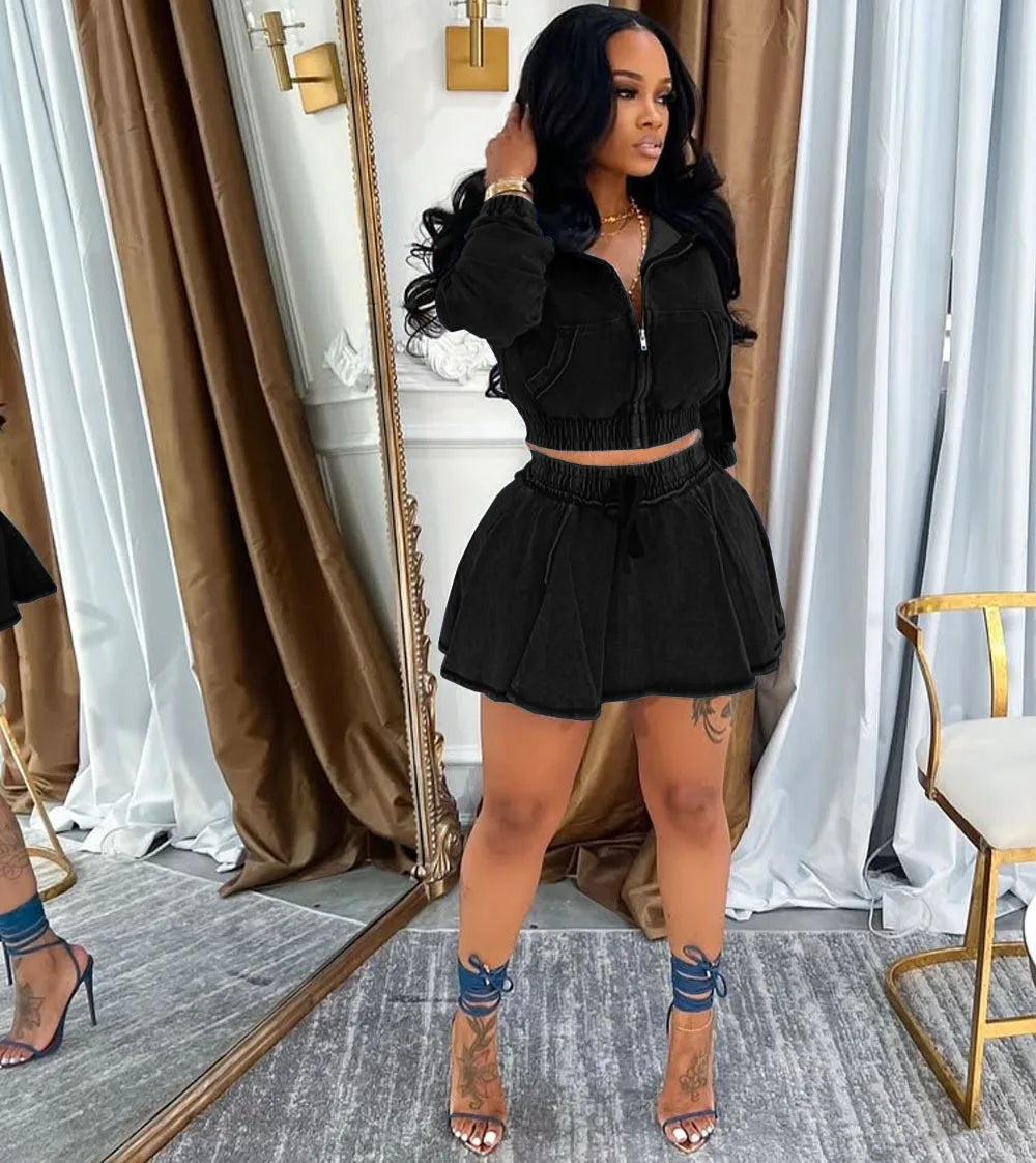 Women's Casual Skirt Set Autumn and Winter New Women's Washed Denim Jacket Short Skirt 2-piece Set