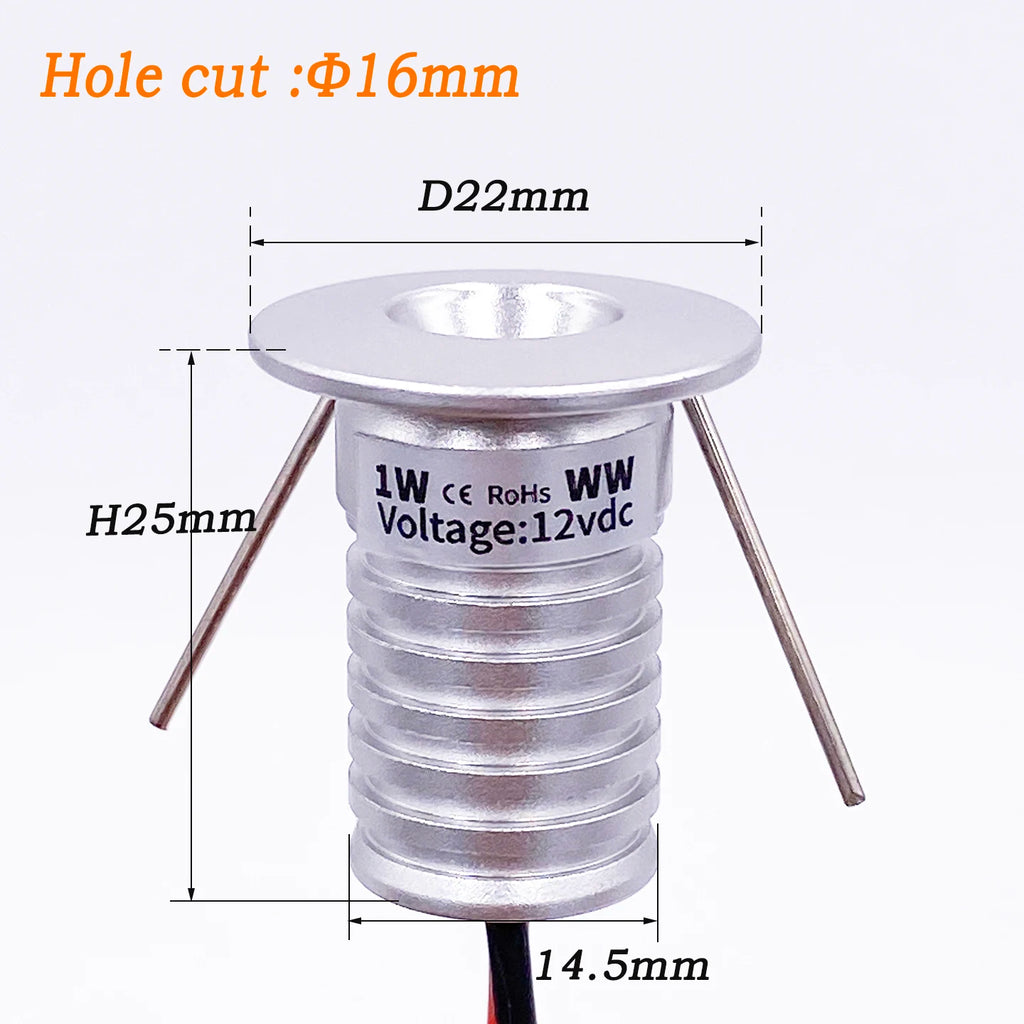 Indoor IP65 Recessed LED 1W Downlight, 12V Spotlight, Suitable for Ceiling/Stairwell/Hallway/Cabinet Lighting (Driver Included)