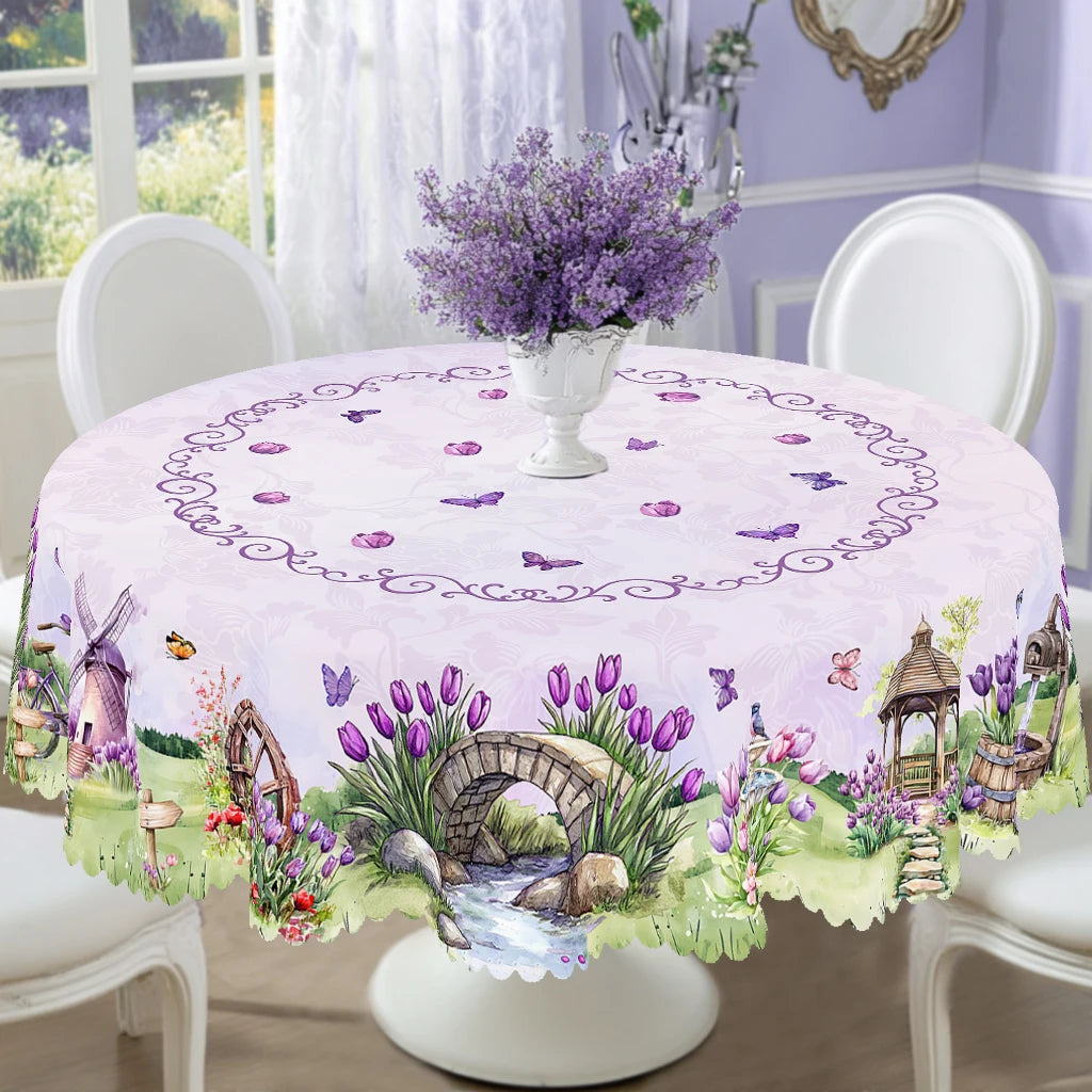 1 Piece of Spring/Summer Printed Round and Rectangular Tablecloth, Available in Various Sizes, with Purple Tulips and Lavender Interwoven, Featuring a Vintage Scroll Border and Butterfly Petal Embellishments, with Embossed Ed