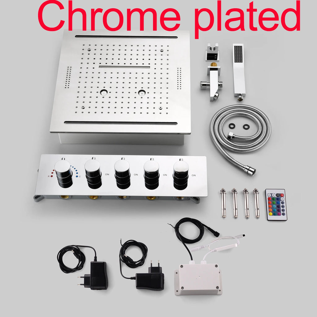 Stainles Steel 304 16inch 40cm Square Bluetooth Music LED Shower Head Panel Set Spray Rainfall Steam Thermostatic Mixer Faucet