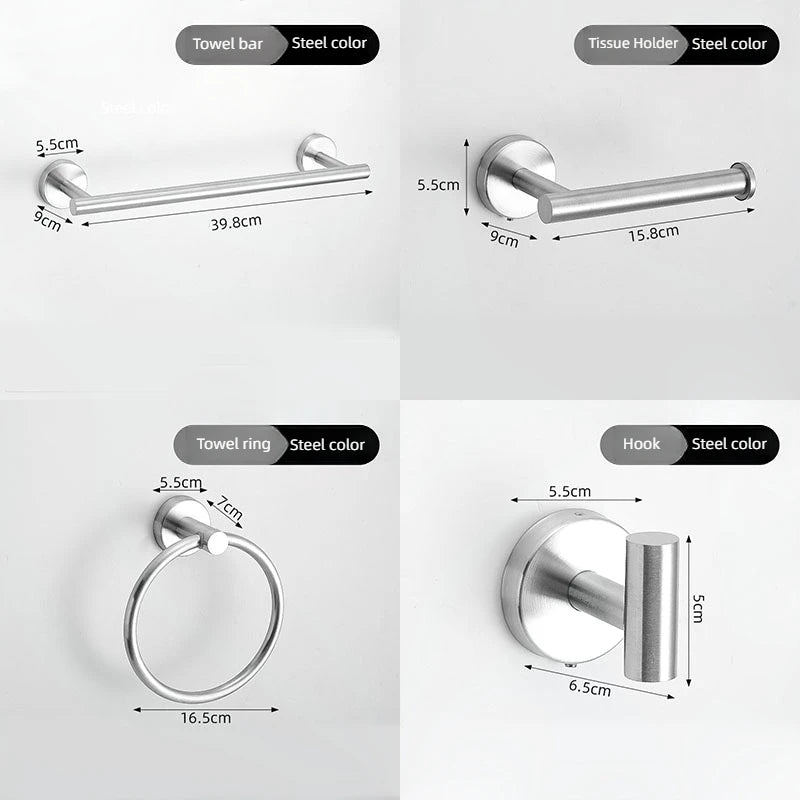 4pcs Bathroom Punch-free Towel Bar Set Stainless Steel Bathroom Hardware Wall-mounted Towel Rack Hook Tissue Holder