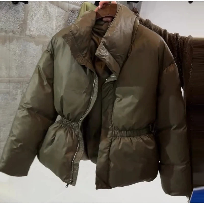 Casual Women's Waist Cinched Padded Cotton Coats Stand Collar Zipper Full Sleeve Coat 2026 Autumn Winter Lady Down Jacket New